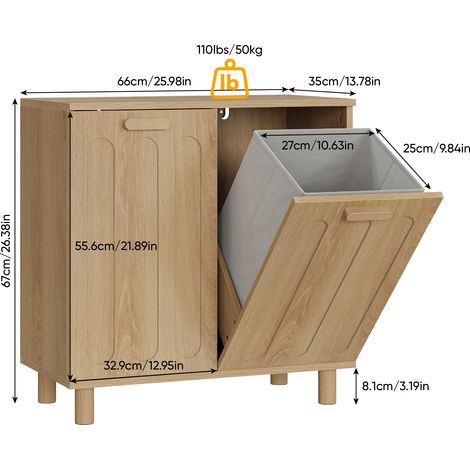 Panier à linge autoportant inclinable avec bac amovible dissimulé. Meuble de rangement pour salle de bain, finition couleur chêne