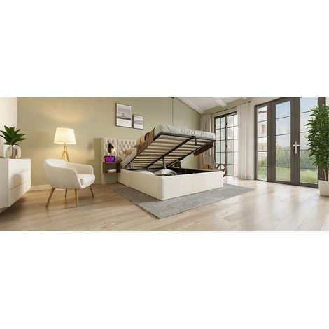 Cama doble 267x215x105 cm, con almacenamiento hidráulico y 2 mesitas, luz de lectura USB Type C, terciopelo beige (1/5)