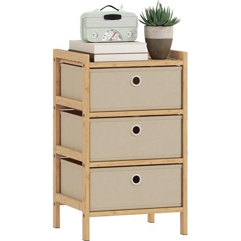 Commode à 3 tiroirs en tissu, structure en bambou, idéale pour les petits espaces, coloris crème et naturel.