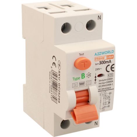 RCCB Interruttore Differenziale Puro Tipo B 1P+N 2M 10000A 300mA AC 230V IP20 IEC61008-1 / IEC62423 PR8HM, Corrente Disponibili 25A 40A 63A 100A (100A)