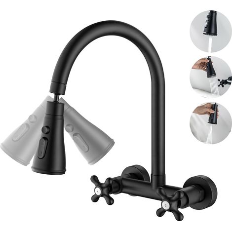 Robinet Cuisine Mural avec 3 Modes de Pulverisation Robinet Cuisine Noir Mitigeur Cuisine Flexible avec Bec Pivotant à 360 (1/5)