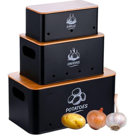ensemble de 3 boîtes de rangement, pommes de terre, oignons, ail, boîte de conservation cuisine, métal, noir (1/5)