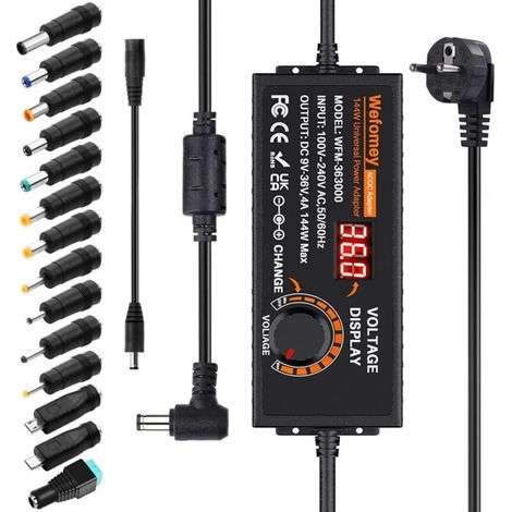 936V 4A 144W Adaptateur Alimentation Réglable, Adaptateur Secteur Universel Convertisseur, 100V-240V AC à DC 4A avec 14 Connecteurs, pour électroniques Ménagers 9V36V et la Bande LED, 4000mA Max (1/5)
