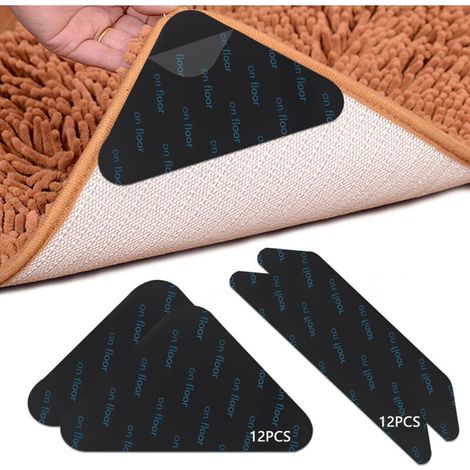Pack de 24 bases antideslizantes para moqueta, cinta adhesiva reutilizable y lavable, base antideslizante para esquinas de moqueta, para suelos de parqué y baldosas (negro) (1/4)