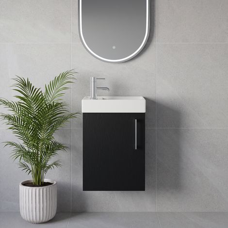 Napoli Cube Nero Oak 400mm Wall Mounted Single Door Vanity Unit with Align Basin - 400mm - Chrome 160mm Handle