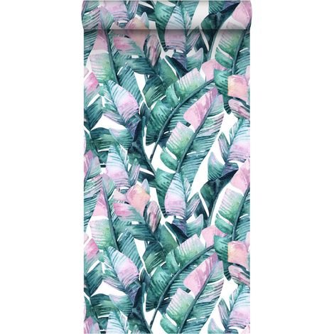 papier peint intissé XXL feuilles de bananier turquoise et rose  - ESTAhome (1/5)