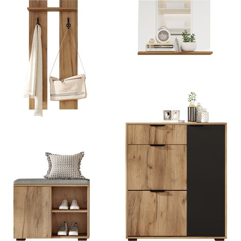 Ensemble vestiaire d’entrée mural avec banc et meuble à chaussures, 1 miroir, 1 tiroir, 2 crochets, 4 portes, bois naturel + noir, 140×35×139 cm