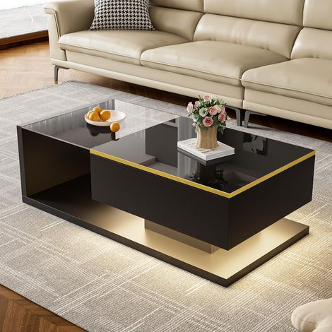 Design-Couchtisch lackiert – 100 x 50 x 32,5 cm – Hartglas mit Bluetooth-steuerbarer RGB-LED-Beleuchtung – schwarz lackiert