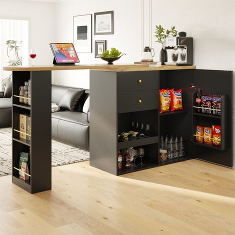 Table de bar pivotante à 360°, table à manger avec 2 tiroirs, rangement multifonctionnel, MDF, noir, (corps 105 x 39 x 102 cm) (1/5)