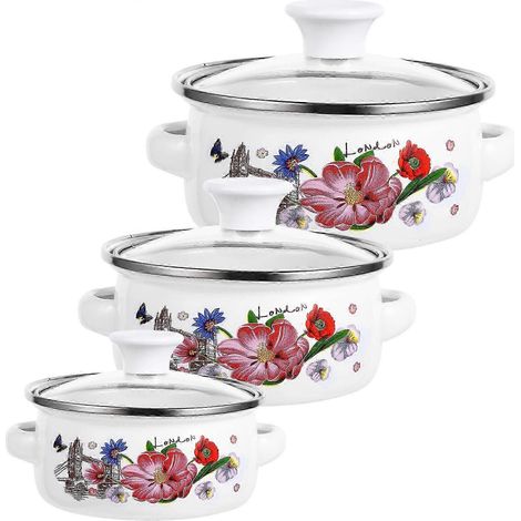 3-teiliger emaillierter Topf mit Blumenmuster (1/5)