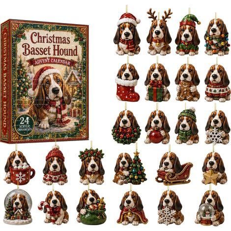 Weihnachts-Adventskalender mit Acryl-Anhänger und Basset-Hound-Motiv, Überraschungsbox, Weihnachtsdekoration, Geschenkbox. (1/5)