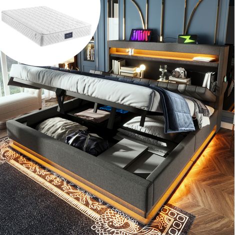 lit coffre 140x200 LED avec matelas gris HAVRYA (1/5)