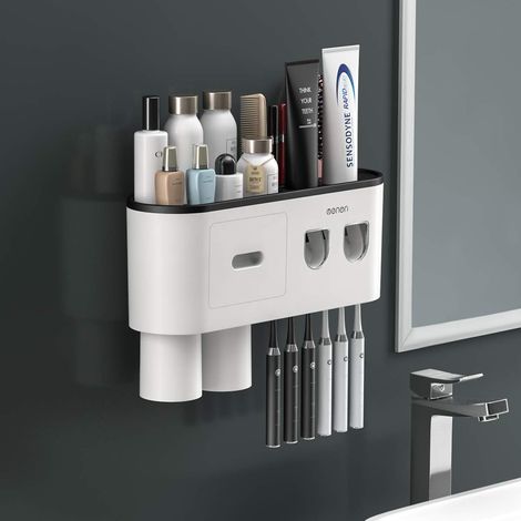 Dispenser automatico doppio di dentifricio con portaspazzolino, ampio organizer con 6 scomparti per spazzolini, cassetto per cosmetici (2 bicchieri). (1/5)