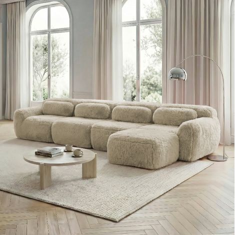 Canapé d’angle modular 4 plazas de tejido plush caqui claro, sin montaje, configuración en L o U (1/5)