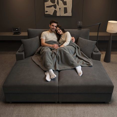 Canapé-lit relax convertible avec accoudoirs rabattables, porte-gobelet, port usb, tissu gris (1/5)