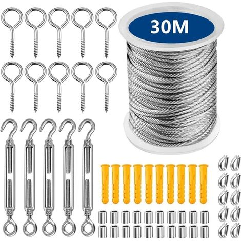 Kit de fixation d'auvent - Kit de matériel de voile d'ombrage avec câble métallique de 30 m - Kit de fixation de voile d'ombrage (1/5)