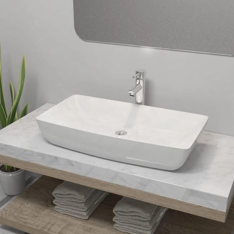 Lavabo de salle de bains avec mitigeur, en céramique, rectangulaire, blanc