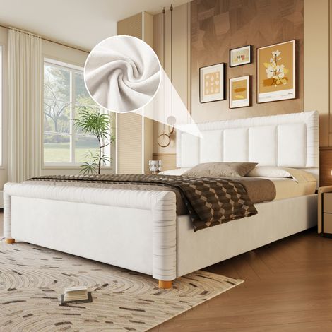 Lit double 2 places 140x200 cm avec 2 tiroirs, tête et pied de lit capitonnés, tiroirs modulables, pieds en bois, tissu velours beige (1/5)