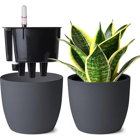 Lot de 2 Pots Auto-Arrosants 15 cm avec Indicateur d’Eau, Pot de Fleur Interieur pour Débutants et Personnes Occupées, Pot de Fleur pour Lierre et Pothos, Usage Intérieur et Extérieur (Gris)