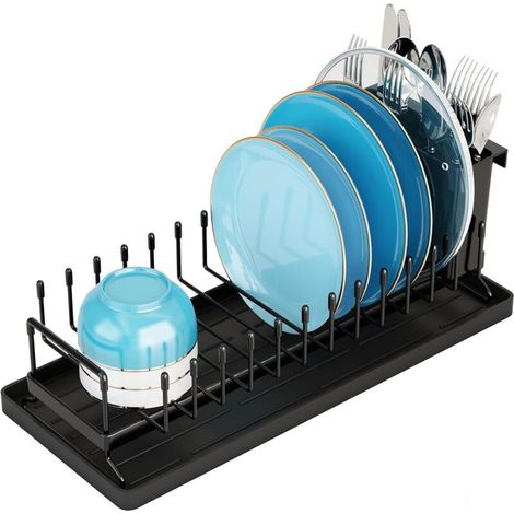 Longziming – Égouttoir à vaisselle compact en acier inoxydable – Tapis de séchage en silicone – Rangement assiettes et couverts – Pour petits espaces (1/5)