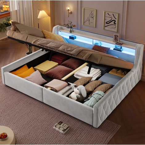 Letto contenitore 140x200 in velluto con LED e struttura a doghe beige HAVRYA (1/5)