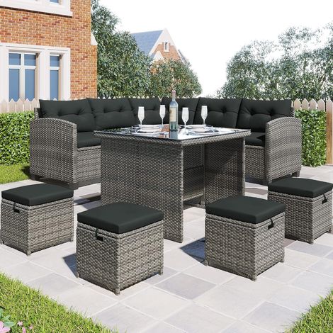 Weatherproof rattan garden furniture set with 8-piece rattan sofa, dining table, chair and 4 ottomans for patio, balcony, outdoor use (grey) (1/5)