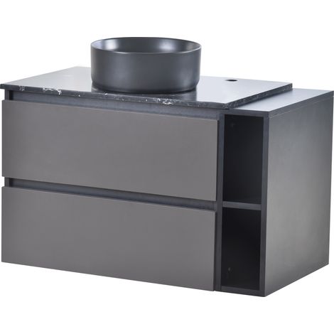 Meuble sous vasque suspendu 80 cm avec vasque céramique noire et tiroirs, design moderne bicolore (1/5)