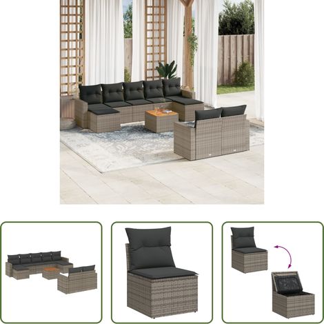 vidaXL Fußhocker - 10-tlg. Garten-Sofagarnitur mit Kissen Grau Poly Rattan (1/5)