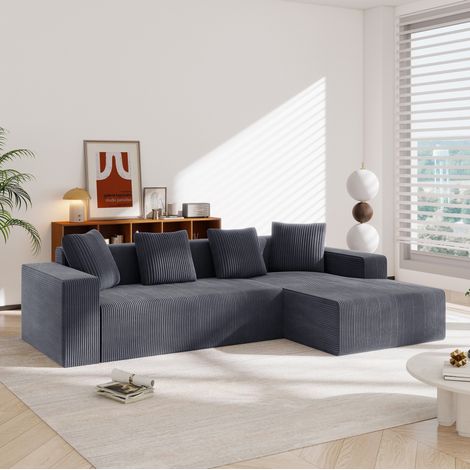 FloraGrace canapé modulaire en L, 261 x 146 x 65 cm, assise profonde, velours côtelé gris, 4 coussins (1/5)