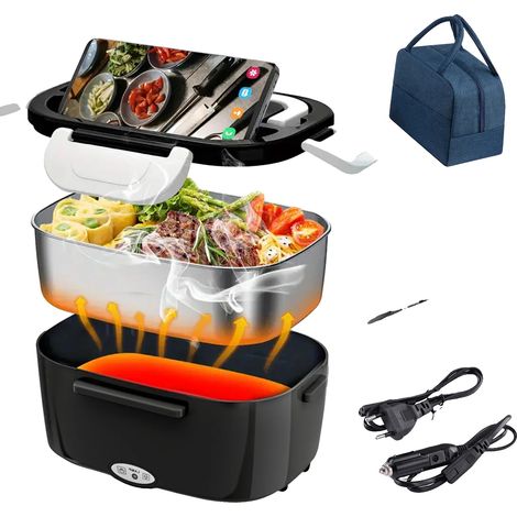 Fiambrera eléctrica, capacidad de 1,5 L, compatible con doble voltaje, color negro. (1/2)