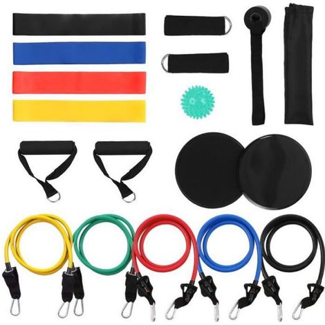 Bandes De Résistance - 5 Tubes + 4 Boucles + 2 Poignées + 2 Sangles Cheville + 1 Ancrage Porte + 2 Disques Glissement + 1 Sac Transport - 18 Pièces (1/3)