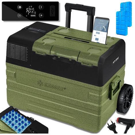 KESSER® Kompressor Kühlbox elektrisch Gefrierbox Mit APP-Steuerung USB-Anschluss 12/24 V 230V +Teleskopstange Räder Kühlschrank Kühlung bis -20 °C 42 Liter / Khaki (1/5)