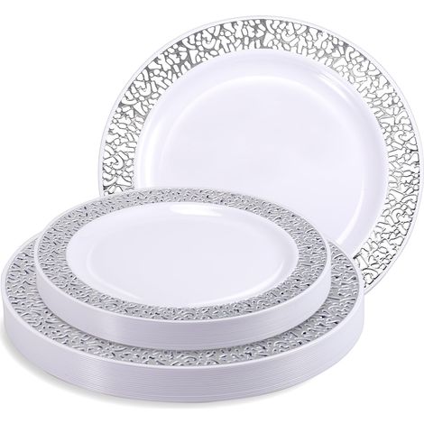 Lot de 40 assiettes en plastique avec bord argenté, 2 tailles, réutilisables, en plastique dur, solides, pour mariages, fêtes (19 cm + 26 cm) (1/5)