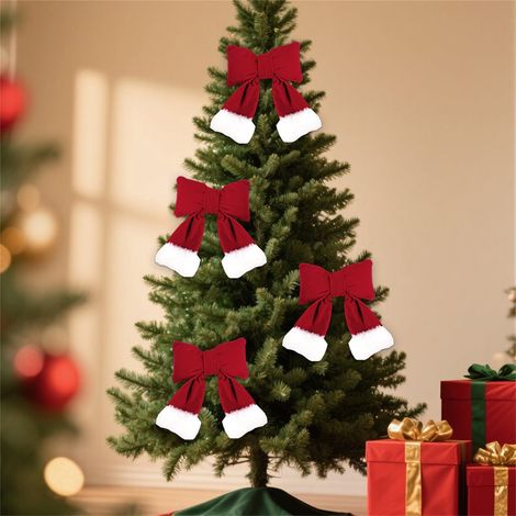 Nœud Papillon De Noël - Velours Rouge Et Blanc - Pour Arbre De Noël Porte Couronne Guirlande - 3D Réutilisable - 1 Pièce (1/5)