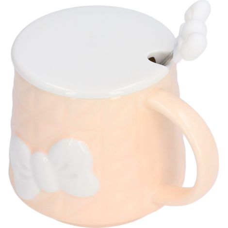 400 ml Keramikbecher mit niedlichem Schleifenmuster für Tee, Milch, Wasser oder Kaffee, inklusive Deckel und Edelstahllöffel, ideal als Geschenk für Zuhause oder als Weihnachtsgeschenk, orange (1/5)