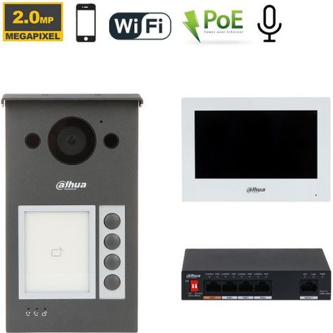 Dahua Kit videocitofonico IP - Wi-Fi Posto esterno VTO3311Q-WP + Switch PFS3006-4ET-36 + Monitor 7" VTH2621GW-WP Nr.01 Monitor