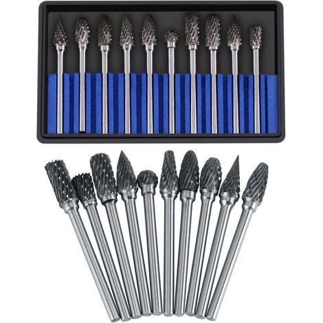 10-teiliges Hartmetall-Fräserset, Rotationsfeilen, Wolframstahl-Schneidkopf, Durchmesser für 3-mm-Fräser, 6-mm-Schaft, Bohren, Schneiden, Metallpolieren, Gravieren, Bohren (Doppelschnitt) (1/4)