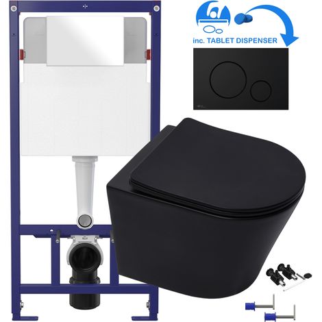 Matt Black Rimless ECO Wall Hung Toilet Pan, Seat & 1.12m Concealed WC 3-in-1 Cistern Frame inc. Flush Plate