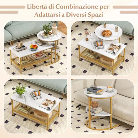 Set de tables basses modulaires 2 en 1 avec dessus en faux marbre et étagère, tables rondes et rectangulaires pour salon et chambre - doré (1/5)