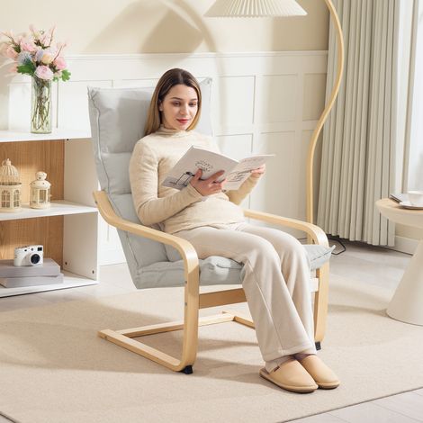 Fauteuil de salon moderne avec dossier haut rembourré, pieds en bois et revêtement en velours 67x83x105 cm couleur crème (1/5)