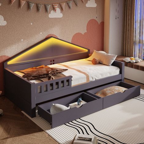 Kinderbett 90x200 cm mit LED-Beleuchtung und 2 Schubladen, Jugendbett aus Holz, Grau (1/5)