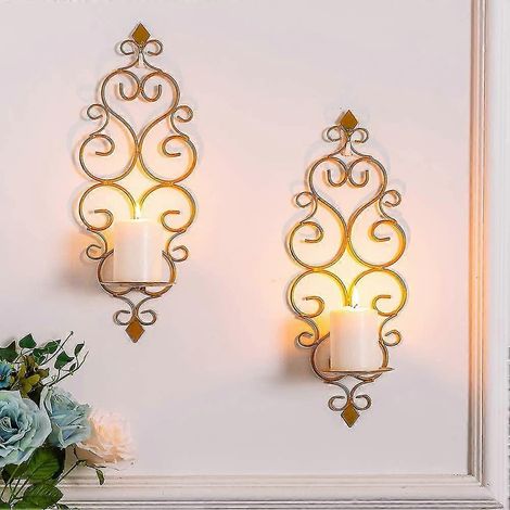 Applique murale, bougeoir, porte-bougie en métal (lot de 2), porte-bougies chauffe-plat mural, porte-bougies pilier, porte-bougies pilier pour salon (1/3)