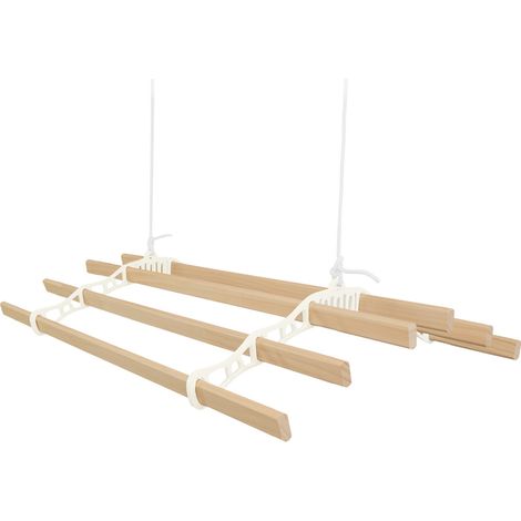Tendedero de Techo con Sistema de Poleas en MARFIL y 6 Listones de Madera 1.4m Capacidad de peso de 30 kg Kit Fijación GRATIS Tendedero Colgante Secadora Estructura p/ Colgar Secar Ropa Colgador
