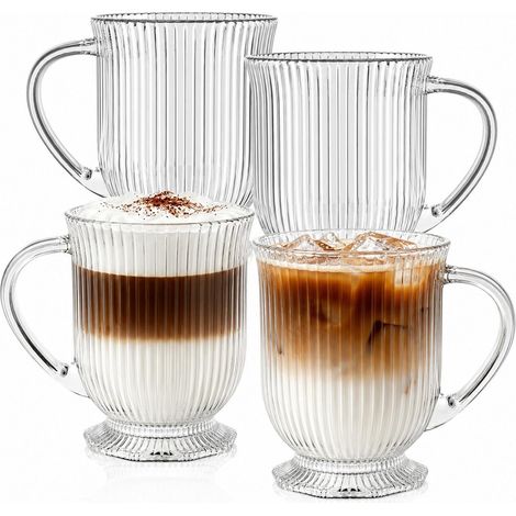4er-Set Glas Tassen 480ml mit Henkel, Rillenoptik, für Heiß- & Kaltgetränke