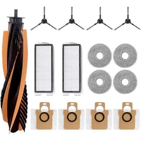 Lot de 15 accessoires pour aspirateur robot JONR P20 Pro : pièces de rechange, brosse principale, filtres HEPA, lingettes de nettoyage et sacs à poussière.