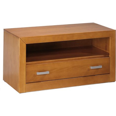Meuble TV en pin massif coloris cerisier - Longueur 100 x Profondeur 55 x Hauteur 45 cm -PEGANE- (1/4)