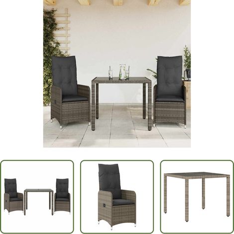 vidaXL Relaxsessel - 3-tlg. Garten-Bistro-Set mit Kissen Grau Poly Rattan (1/5)
