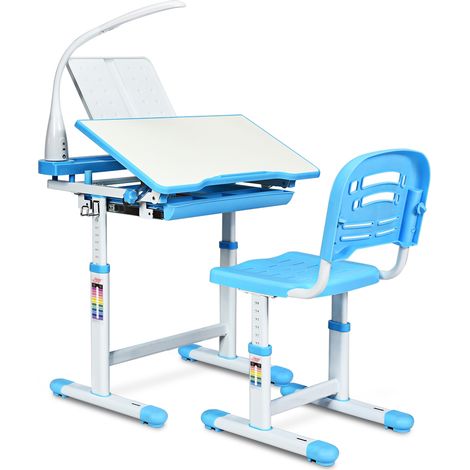 Scrivania per bambini altezza regolabile 54-76cm Set tavolo e sedie bimbi inclinabile con lampada, Blu (1/5)