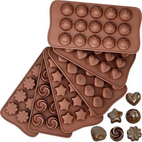 Lot de 6 moules à chocolat – Moules à gâteaux – Moules à pâtisserie – 10,5 x 21 cm – Silicone – Marron (1/5)