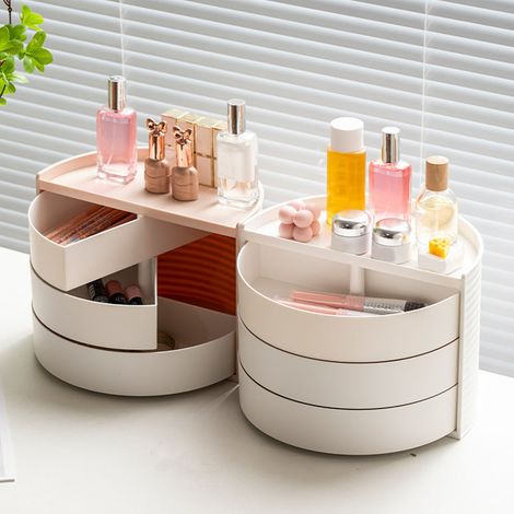 [Ins Style] 360° drehbarer Kosmetik-Organizer, weißes ABS, einzigartiges halbkreisförmiges, staubdichtes Design für Schminktisch/Badezimmer. (1/5)